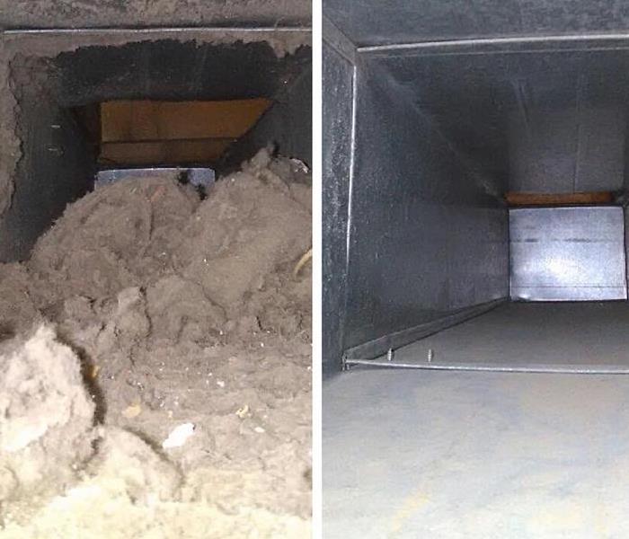 Side by side image of duct work before and after cleaning