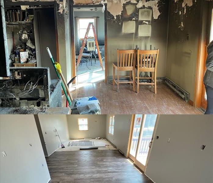 Top image from day after fire, lower image from construction progress with cleaning. 